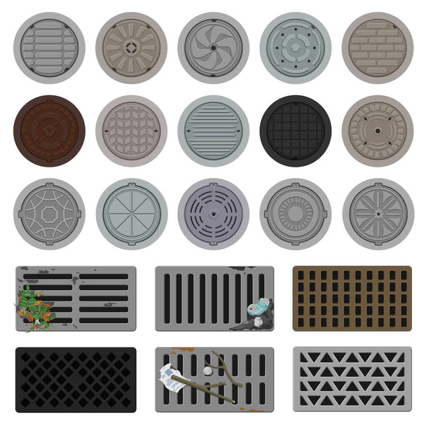 Manhole sewer vector cartoon icon set . Collection vector illustration hatch street on white background. Isolated cartoon illustration icon set of manhole for web design. - Vector, Image