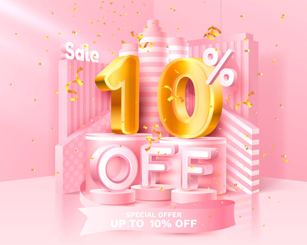10 Off. Discount creative composition. 3d sale symbol with decorative objects, golden confetti, podium and gift box. Sale banner and poster. Vector - Vektör, Görsel