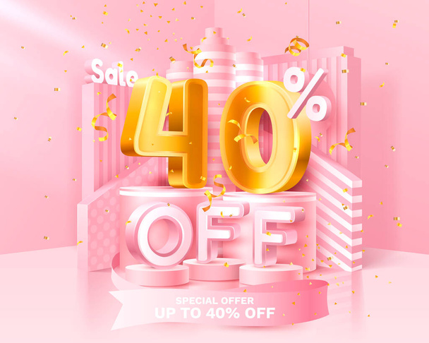 40 Off. Discount creative composition. 3d sale symbol with decorative objects, golden confetti, podium and gift box. Sale banner and poster. Vector - Vektör, Görsel
