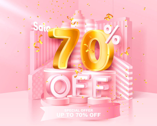 70 Off. Discount creative composition. 3d sale symbol with decorative objects, golden confetti, podium and gift box. Sale banner and poster. Vector - Vektör, Görsel