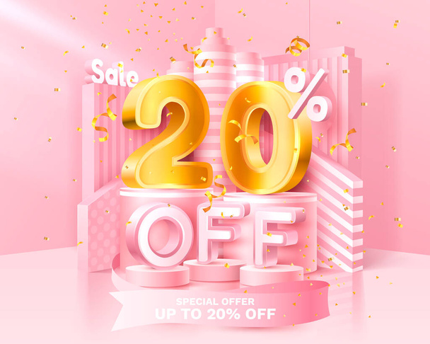 20 Off. Discount creative composition. 3d sale symbol with decorative objects, golden confetti, podium and gift box. Sale banner and poster. Vector - Vektör, Görsel