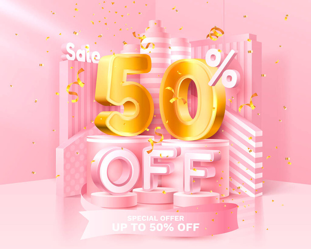 50 Off. Discount creative composition. 3d sale symbol with decorative objects, golden confetti, podium and gift box. Sale banner and poster. Vector - Vector, Image