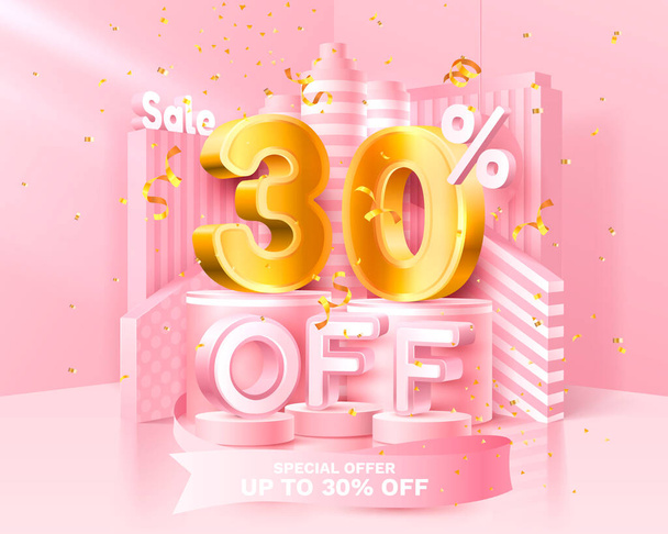 30 Off. Discount creative composition. 3d sale symbol with decorative objects, golden confetti, podium and gift box. Sale banner and poster. Vector - Vektör, Görsel