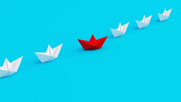 1つの方向に白い紙のボート1つの赤い紙のボートシアンの背景に方向を変更します。人生とビジネスにおいて革新的で創造的であること. - 写真・画像