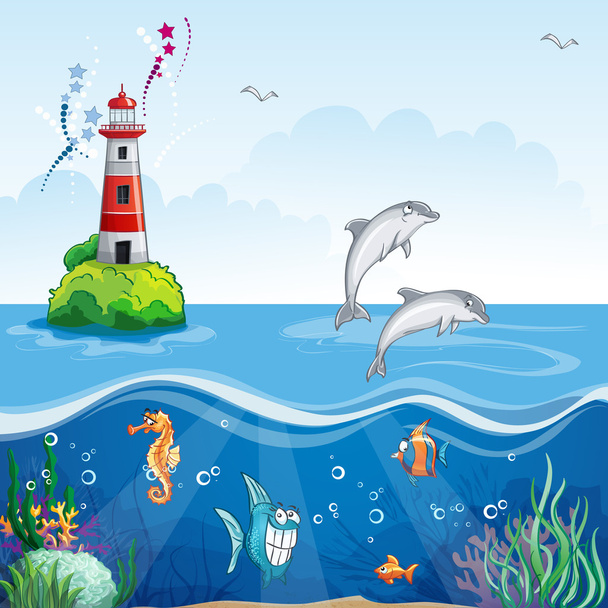 Lighthouse and the sea dolphins - Vector, Image