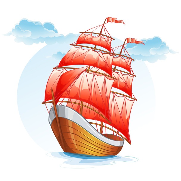 Sailboat with red sails. - Vector, afbeelding