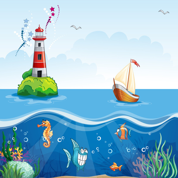Leuchtturm und Segelboot. auf dem Meeresboden und lustige Fische - Vektor, Bild
