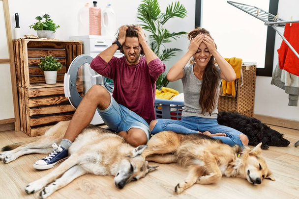 Young hispanic couple doing laundry with dogs suffering from headache desperate and stressed because pain and migraine. hands on head.  - Foto, Imagen