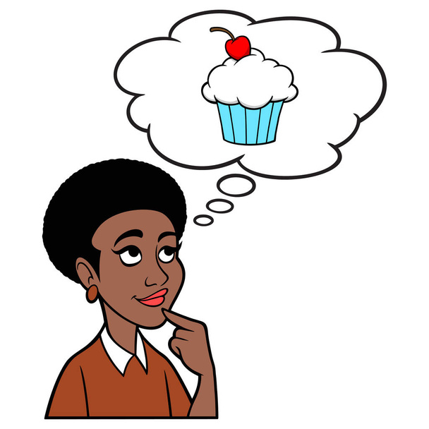 Mulher pensando em um Cupcake - Uma ilustração dos desenhos animados de uma mulher pensando em comer um Cupcake. - Vetor, Imagem