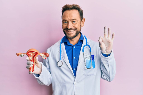 Middle age gynecologist man holding anatomical model of female genital organ doing ok sign with fingers, smiling friendly gesturing excellent symbol  - Foto, imagen