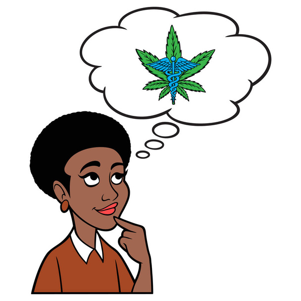 Nő gondolkodás orvosi marihuána - egy rajzfilm illusztrációja egy nő gondolkodó orvosi marihuána. - Vektor, kép