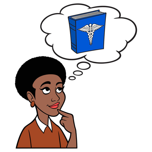 Mujer pensando en la Escuela de Medicina - Una ilustración de dibujos animados de una mujer pensando en la Escuela de Medicina. - Vector, imagen