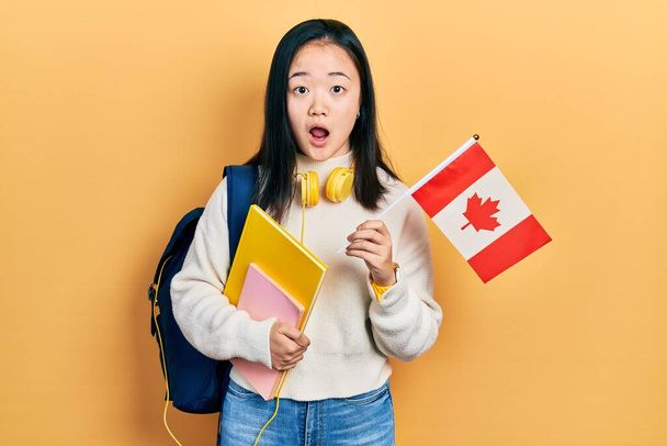 Νεαρή Κινέζα κοπέλα ανταλλαγή φοιτητής κρατώντας σημαία Καναδά φοβάται και σοκαρισμένος με έκπληξη και κατάπληκτος έκφραση, φόβο και ενθουσιασμένος πρόσωπο.  - Φωτογραφία, εικόνα