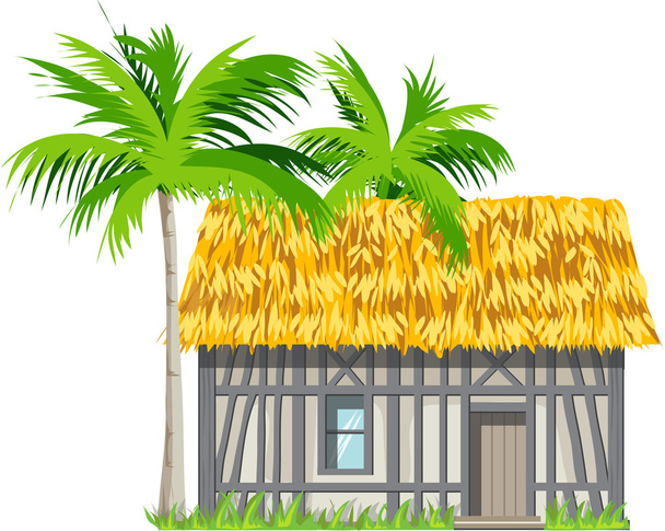 茅葺き屋根とヤシの木のある家 - ベクター画像