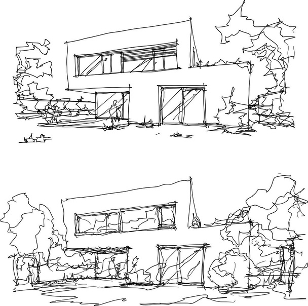 dwa ręcznie rysowane szkice architektoniczne nowoczesnego domu dwupiętrowego z płaskim dachem i ludźmi wokół - Wektor, obraz