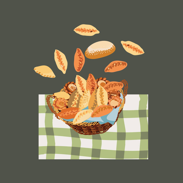 illustration with a pies in wicker basket  - Vector, Image