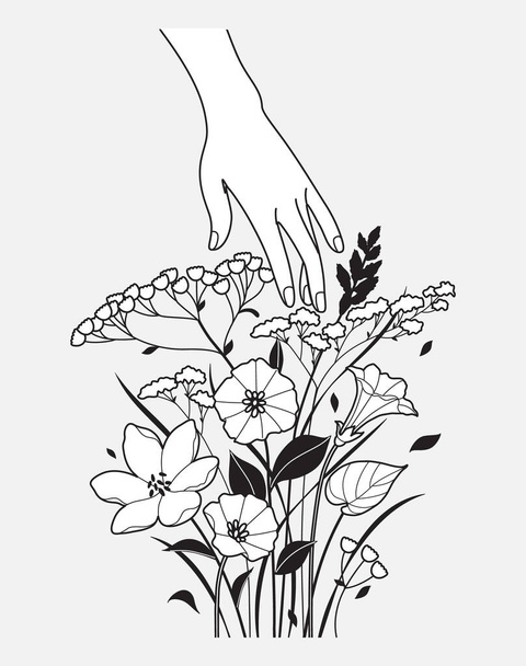 Female hand touches delicate flowers. Woman hand and tender blooming wildflowers bunch in black and white colors. Monochrome floral composition, template, coloring page. Vector flat illustration. - Vector, Image