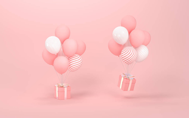 Μπαλόνια και παρουσιάζει με ροζ φόντο, 3d απόδοση. Ψηφιακό σχέδιο υπολογιστή. - Φωτογραφία, εικόνα