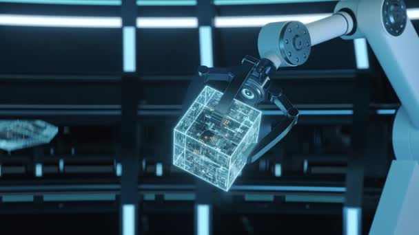 Bras et cube mécaniques dans une pièce futuriste, rendu 3d. - Séquence, vidéo