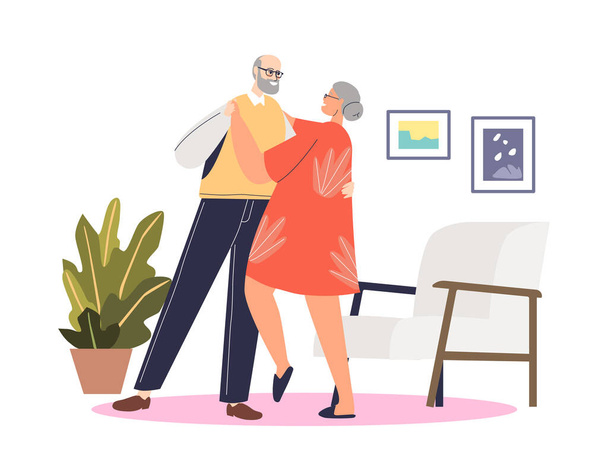 Dans eden tatlı yaşlı çift. Yaşlı adam ve kadın emeklilikte dans eder. Aktif boş zaman - Vektör, Görsel