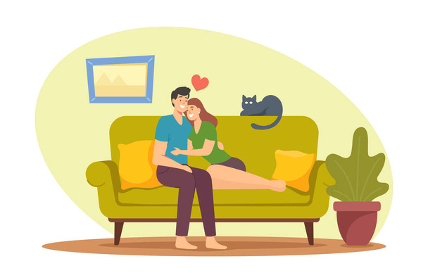 Personnages Sortir ensemble, Amour, Temps libre Loisirs Concept. Jeune couple aimant étreinte assis sur le canapé à la maison. Homme embrasser femme - Vecteur, image