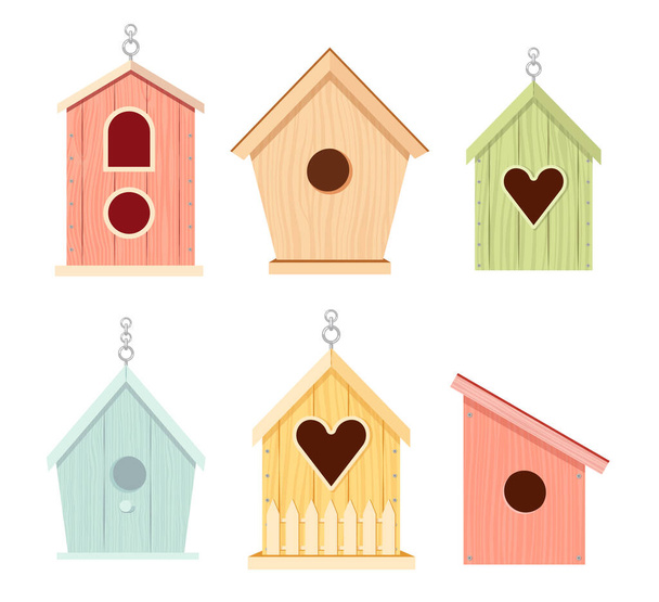 Conjunto de casas de pájaros de madera, alimentadores coloridos de diseño diferente con techo de pendiente y valla. Casas de aves, hogar o nido - Vector, Imagen