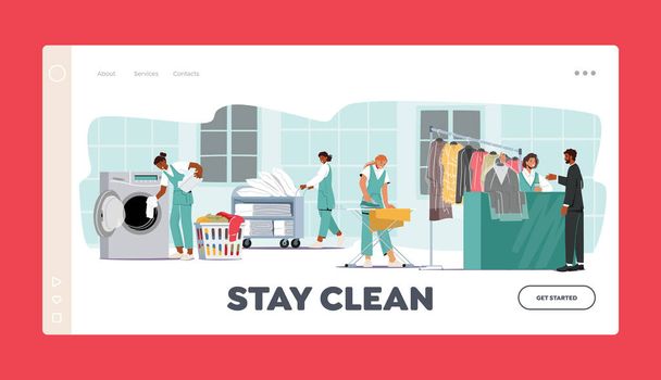 Chemische Reinigung Wäscherei Landing Page Template. Arbeitercharakter lädt Kleidung auf Waschmaschine, Bügeleisen, Rollwagen - Vektor, Bild