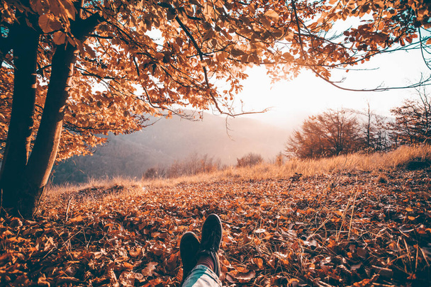 Legs of traveler sitting in autumn forest. Active, healthy lifestyle, adventure, journey vacations. - Foto, imagen