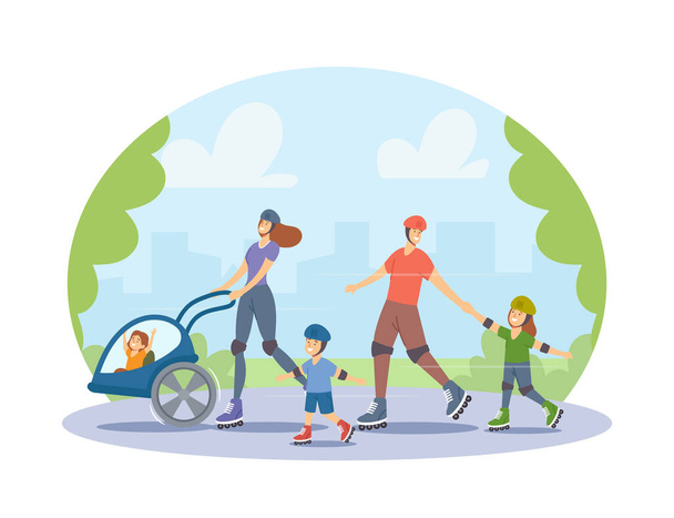 Rulli Famiglia Tempo libero e Sport. Madre, padre e bambini piccoli personaggi a piedi al parco cittadino o pattinaggio di strada - Vettoriali, immagini