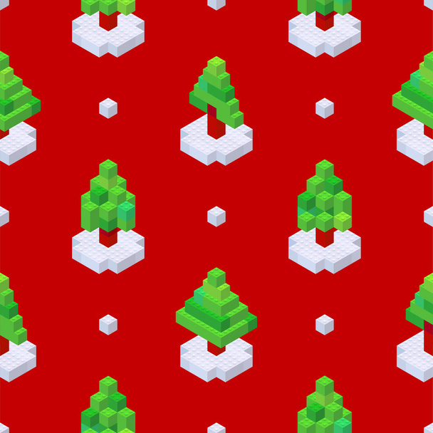Pattern of Christmas trees collected from cubes on a red background in isometric style. Vector illustration. - Vektor, kép