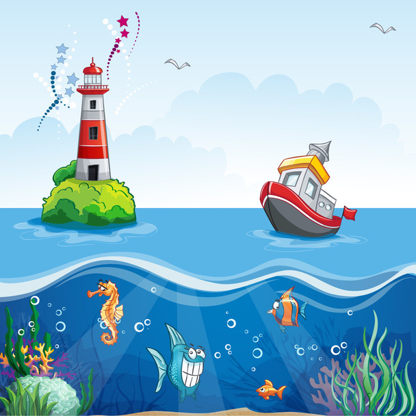 Мультфильм в стиле корабля в море и веселая рыба
 - Вектор,изображение