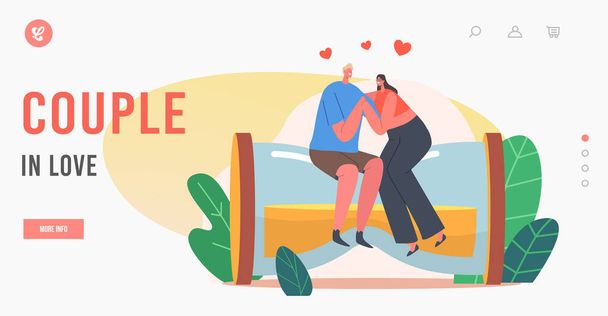 Een paar in Love Landing Page Template. Happy Loving Man and Woman Holding Hands, knuffel zittend op enorme zandloper - Vector, afbeelding