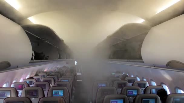 Ontsmettingsspray in het vliegtuig. Ontsmettingsmiddel in pandemische tijden - Video