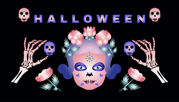 Happy Halloween  neon template background. Festive  banner, poster  with  Calavera la Catrina, skulls,  skeleton. flowers. Vector illustration - Vector, Imagen