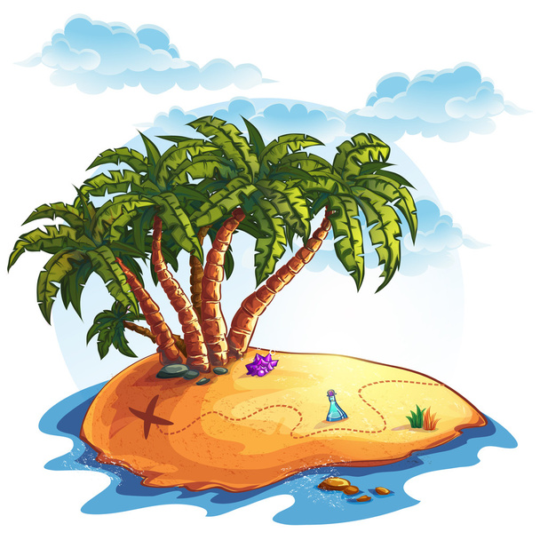 Isla con palmeras y tesoros
 - Vector, Imagen