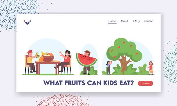 子供たちはフルーツランディングページテンプレートを食べて収穫します。小さな子供たちはリンゴを選び、新鮮な果物とテーブルに座る - ベクター画像