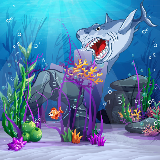 Underwater world and the evil shark - Vector, Image