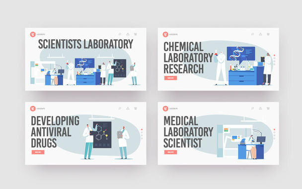 Scientific Laboratory Research Landing Page Template Set. Scientist Characters Working with Dna, Look through Microscope - Vector, Image