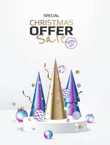 Christmas and New Year background. Conical Gold Christmas Trees. Winter holiday composition. Greeting card, banner, poster, header for website - Vektor, obrázek