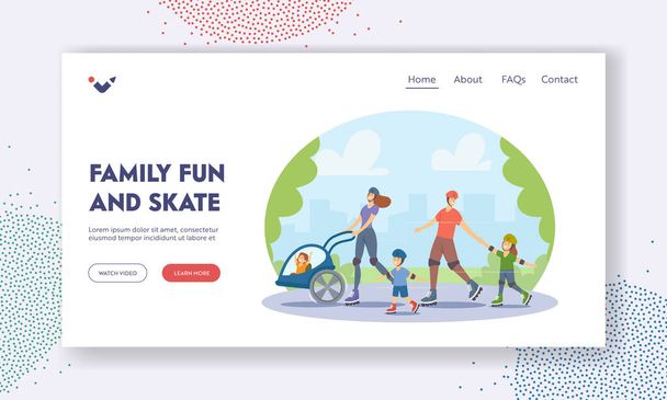家族の楽しさとスケートランディングページテンプレート.市内公園、ローラースケートで歩くローラー母、父と小さな子供 - ベクター画像