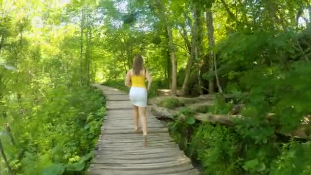 Passeggiate femminili lungo un lungomare nel parco di Plitvice in una giornata estiva soleggiata. - Filmati, video