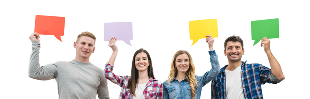 The four people hold dialog signs on the white background - Фото, изображение