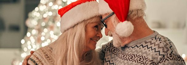 クリスマスツリーの近くに立っている赤い帽子の幸せな老夫婦 - 写真・画像