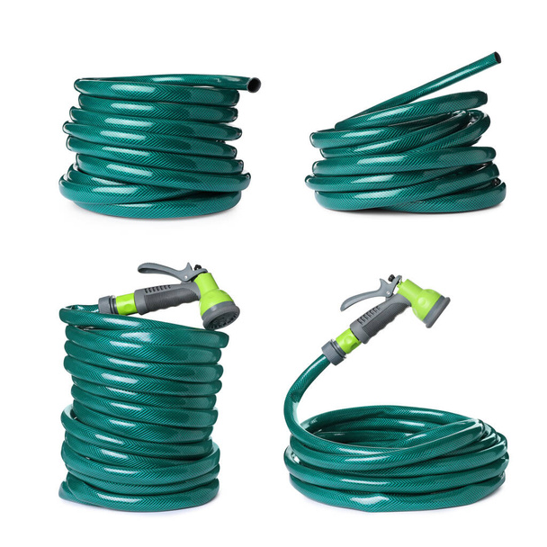 Set with green rubber watering hoses on white background - Photo, Image
