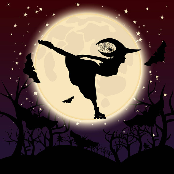 Silhouette of a witch on roller skates. A witch with spider on background of the full moon. - Vektor, kép