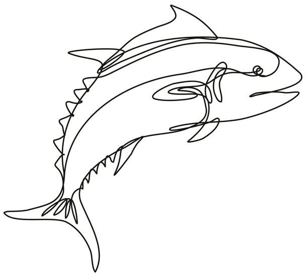 Dibujo de línea continua ilustración de una vista lateral de salto de atún rojo realizada en línea mono o estilo garabato en blanco y negro sobre fondo aislado.  - Vector, imagen