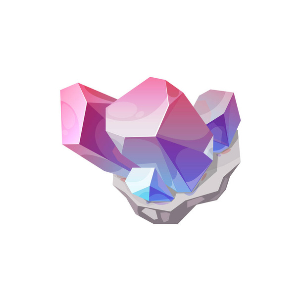 Kristallen edelsteen, edelsteen juweel kwarts rots vector geïsoleerde icoon. Diamant kristal of minerale edelstenen steen en ijs van roze en blauw glas, kristallijne rots en sieraden strass - Vector, afbeelding