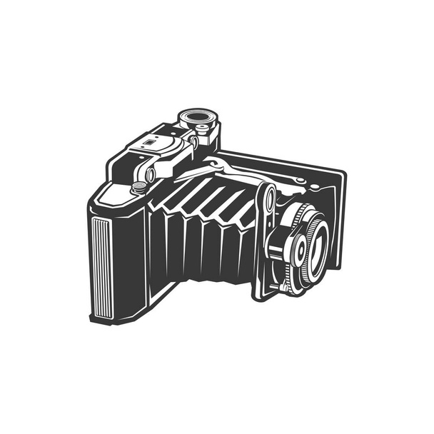 折り畳まれていないヴィンテージカメラ、古いフォトカメラ、写真撮影機器孤立したモノクロアイコン。レトロスタイルのベクトル折りたたみカム、手動カメラ。写真製作装置｜写真カメラ - ベクター画像