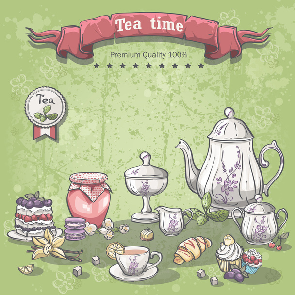 Набор чая с банкой варенья, кексами, пирогами и круассанами
 - Вектор,изображение