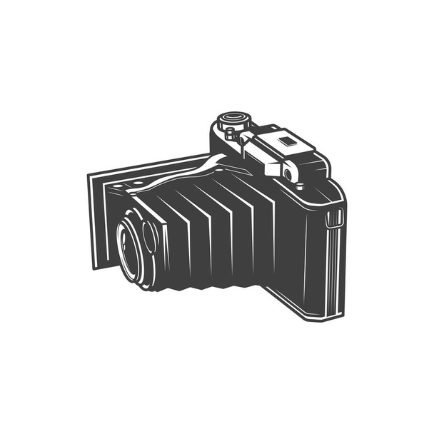Retro katlanır kamera izole fotoğraf stüdyosu sembolü monokrom ikonu. Vektör katlanmış klasik kamera, fotoğraf makinesi fotoğraf makinesi yapma cihazı. Eski fotoğraf makinesi, fotoğraf makinesi. - Vektör, Görsel